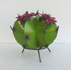 Small Metal Art Barrel Cactus Sculpture With Flowers 6  Diameter Green