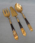 Vintage Thai Serving Set - Wooden Handles W Polished Brass W Animal Motif 3 Pcs
