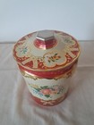 Vintage Durham Floral Gold   Red Tin Storage Container 6 5 Inch 