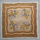 Vintage Light Brown   Ocher Floral Handkerchief   Pocket Square Hand Rolled 12 