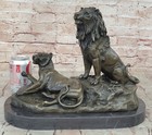 Large Lion Cougar Family Bronze Marble Sculpture Statue Figurine Art Decor Sale