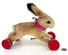 Steiff Rabbit Pull Toy 1960s Eccentric Wood Wheels Id Button Tag Mohair 14cm 5in