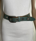 Vtg Fossil L Turquoise Green Studded Cutout Circles Silver Buckle Leather Belt