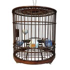 Antique Cantonese Carved Teak Wood Bird Canary Cage Blue White Porcelain Bowls