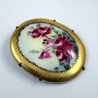 Antique Victorian Hand Painted Rose Floral Oval Brooch Estate Pin
