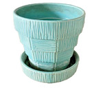 Vintage Mccoy Pottery  5  Inch Basketweave Flower Pot With Attatched Saucer