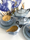 Victoria Czechoslovakia Art Deco Style Sky Blue Lusterware Tea Set Of 9 Pieces