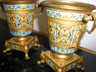 Rare Pair Of 19th C Antique French Enamel Champeleve Gilt Bronze Vases Stunning