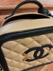 Chanel Cc Filigree Quilted Vanity Zip Top Handle Chain Strap Beige black