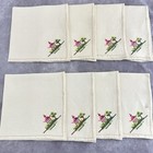 Vintage Linen Napkins Set 8 Embroidered Pagoda Asian Motif Hemstitched Ivory