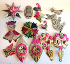 Vtg Mexican Punched Tin Christmas Ornaments Lot Of 14 Hand Painted Folk Art