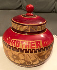 Hand Turned Mexico Carved Wood Bowl   Lid-red Lacquer W florals- mother -6 h-euc