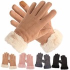 Women Sheepskin Classic Suede Leather Gloves Touch Screen Shearling Fur Winter