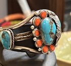 Gorgeous Vintage Native American Signed Coral And Turquoise Cuff Sterling Sz 7