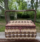 Vintage Mid Century Standing Sewing Basket Box Woven Wicker Wood Legs Japan