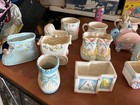 Vintage Ceramic Baby Nursery Planters Lot Pastel Boot Carriage Block Train