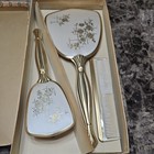 Vintage 3 Piece Vanity Set In Original Box Gold Tone Finish Flower Pattern