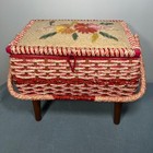 Vintage 60s Singer Wicker Woven Sewing Basket On Wooden Legs Raffia Floral Top