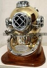 Brass Vintage Style Mark V Full Size Steel Diving Divers Helmet W  Wooden Base