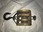 Antique Wood   Cast Iron Pulley Triple Wheel Block Farmhouse Nautical