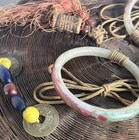 Vintage 50   s Chinese Wicker  Sewing Basket W  Beads Jadeite tassels-715