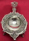 2 Pc 800s Silver Tea Strainer   Footed Drip Bowl Birds Flowers   Sword Design