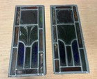 Antique Leaded Stained Glass Rectangle Window Pair  Floral Design Panels