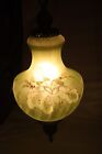 Vintage Large Lime Green   Floral W  Faux Brass Hanging Swag Lamp Light - Works