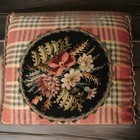 Vintage Needlepoint Pillow Flowers Green   Red Green Fringe Plaid 18 x 18  