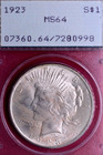 Vintage Rattler Pcgs Ms-64  1923 Peace Dollar With Target Toning 