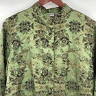 Chico s Jacket Womens Size 1 Medium Green Black Silk Asian Floral Snap Mandarin
