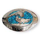 Vintage Nickel Silver Turquoise Chip Cock Fighting Belt Buckle Unknown Hallmark
