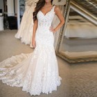 Elegant Mermaid Wedding Dresses V-neck Lace Applique Tulle Bridal Gowns Train
