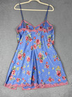 Vtg Victoria Secret Blue Floral Satin Pink Lace Trim Slip Chemise Large Y2k