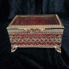 Vtg Ornate Gold Tone Brass Filigree Jewelry Trinket Box Glass Hinged Lid Japan