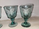 4 Antique Hand Blown Aqua Goblets With Etched Butterfly Pattern  Beautiful Set  