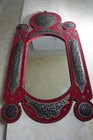 Handcrafted Islamic Boho-style Wall Mirror     Red Velvet   Embossed Silver Inlays