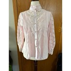 Vintage Style Pink Lace Victorian Blouse Pearl Button High Neck Long Sleeve Top