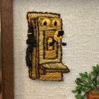 1970   s Crewel Framed Picture 6    X 8    Antique Phone And Chest With Plant Vintage