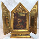 Antique Florentine Gold Gilt Wood Religious Icon Triptych Adoration Angels Italy