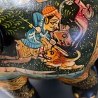 Elephant Sculpture Wood Hand Painted Hunting Scene