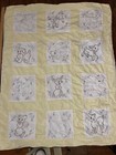 Vtg Handembroider Baby Nursery Quilt Yellow 40x32in Dog Cat Goat Pig Squirrel