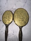 Vintage 3 Pc Vanity Set Hand Mirror Hair Brush Comb Gold Tone Floral Mid Century