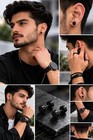 4 Pc Black Dumbbell Stud Earrings Stainless Steel Classic Matte Unisex  2 Pairs 