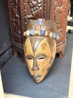 Vintage African Wood Mask Carved Blue Crown Two-tone Face Wall Decor 13 5in