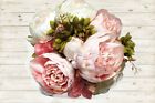 Cream Blush Color 8 Head Silk Rose Peony Open Bush Artificial Bouquet Wedding