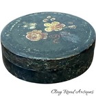 Antique 19th C Papier Mache Snuff Box Hand Painted Floral Black Lacquer
