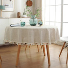 Cotton Linen Fabric Tassel Round Tablecloth Dust-proof Table Cover