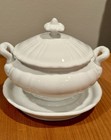 White Ribbed Porcelain Soup Tureen With Ladle   Underplate Farmhouse Serving Set