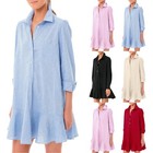 Women s Casual Solid Color Long Sleeve Shirt Dress With Ruffle Hem Blouse
